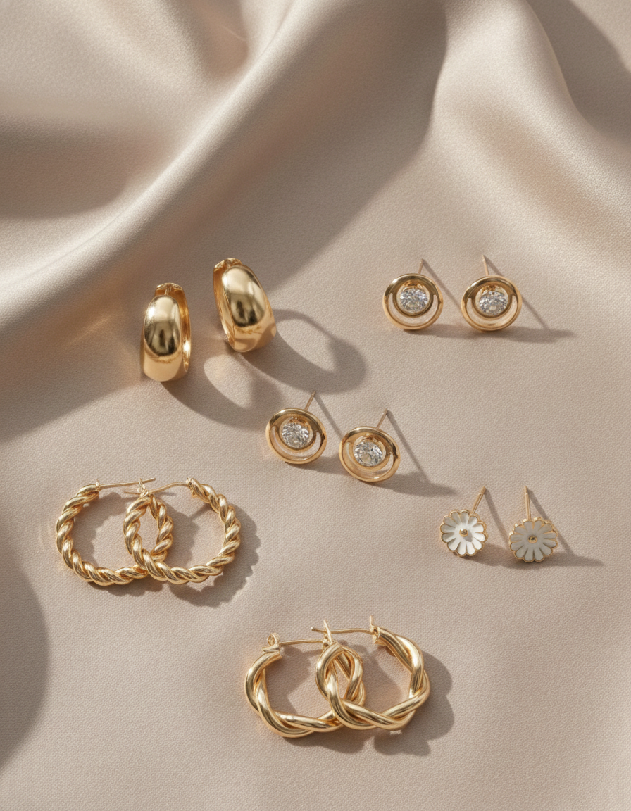 5-Piece Gold Plated Earring Set – Twisted Hoops, Chunky Loops & Floral Studs Combo