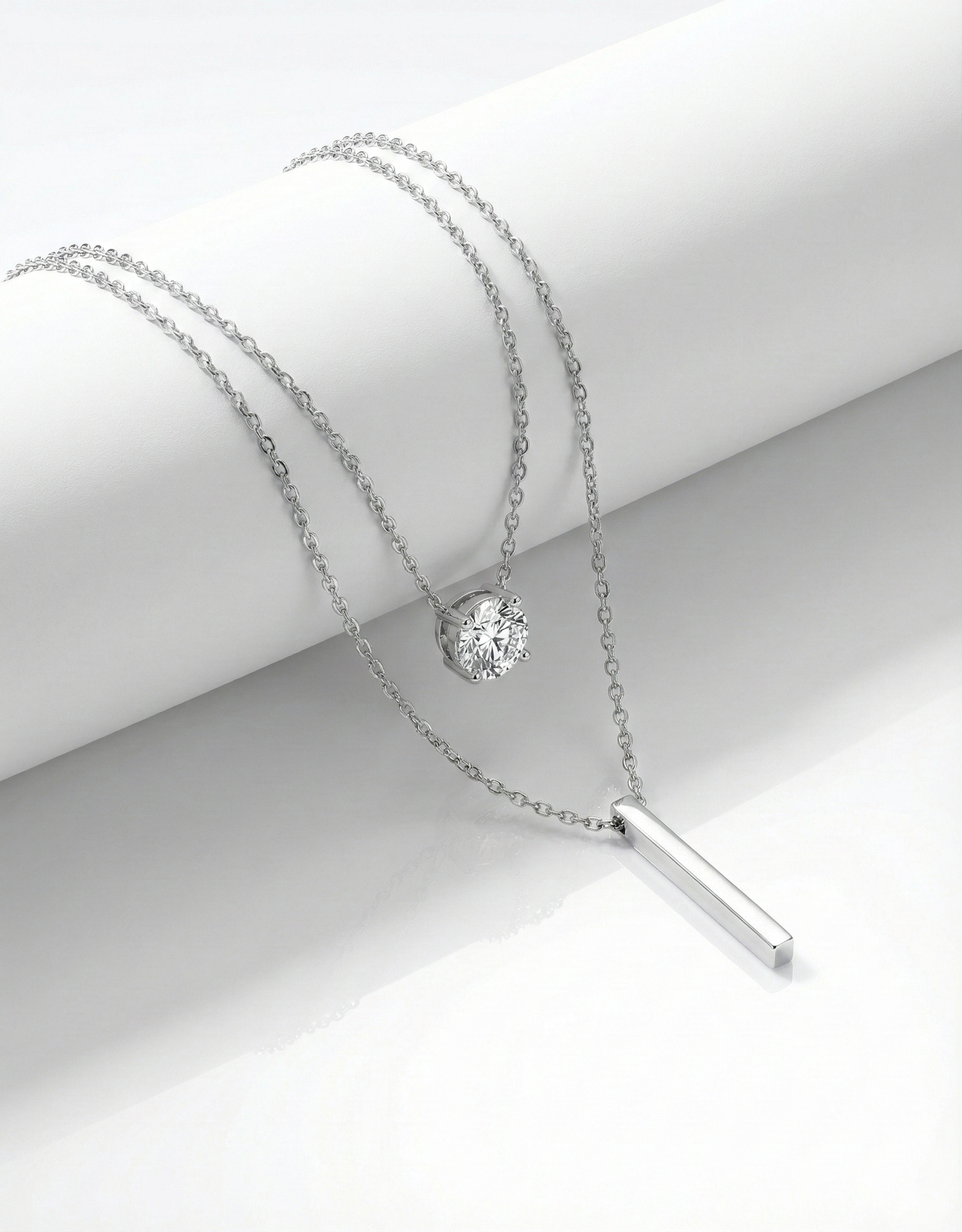 Double-Layer – Crystal Solitaire & Vertical Bar Necklace