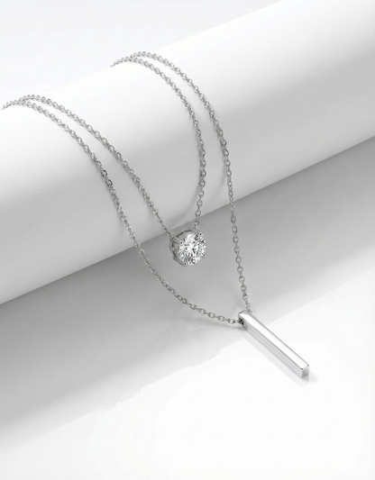Double-Layer – Crystal Solitaire & Vertical Bar Necklace