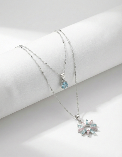 Mint & Pink Starburst Double-Layered Silver Necklace