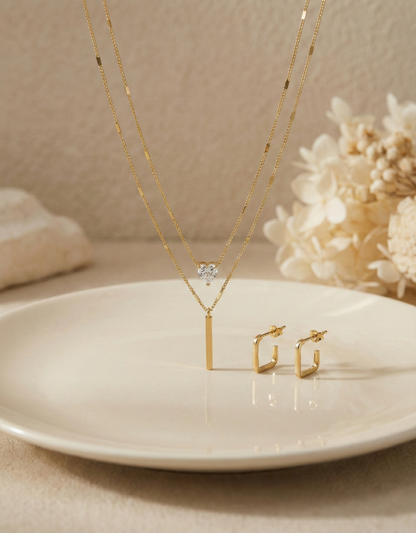 Crystal Solitaire & Vertical Bar Pendant with Square Huggies