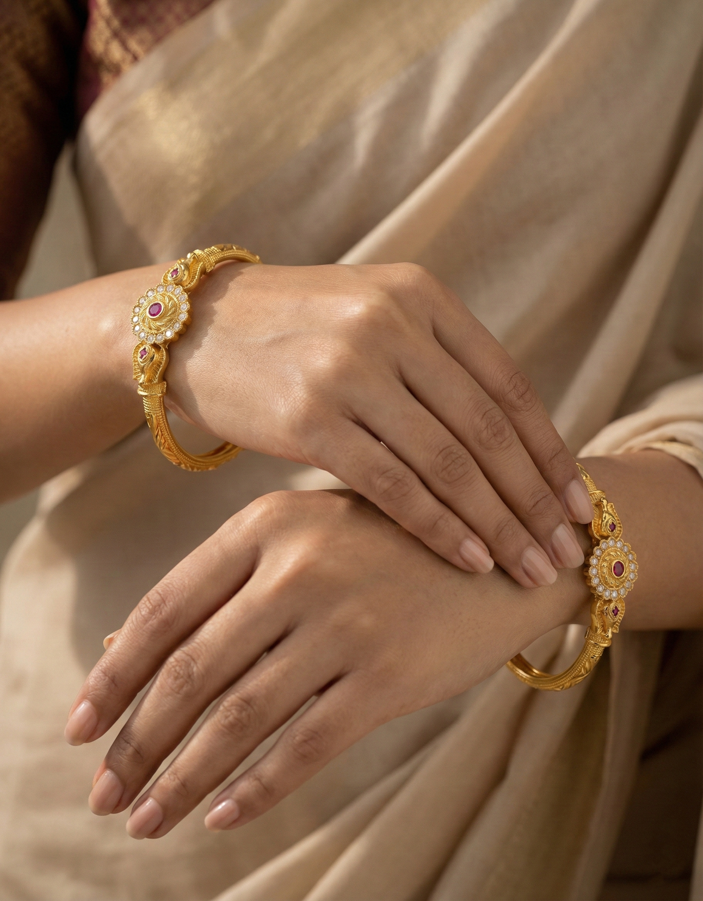 Floral Kada Bangles with Ruby & White Stone