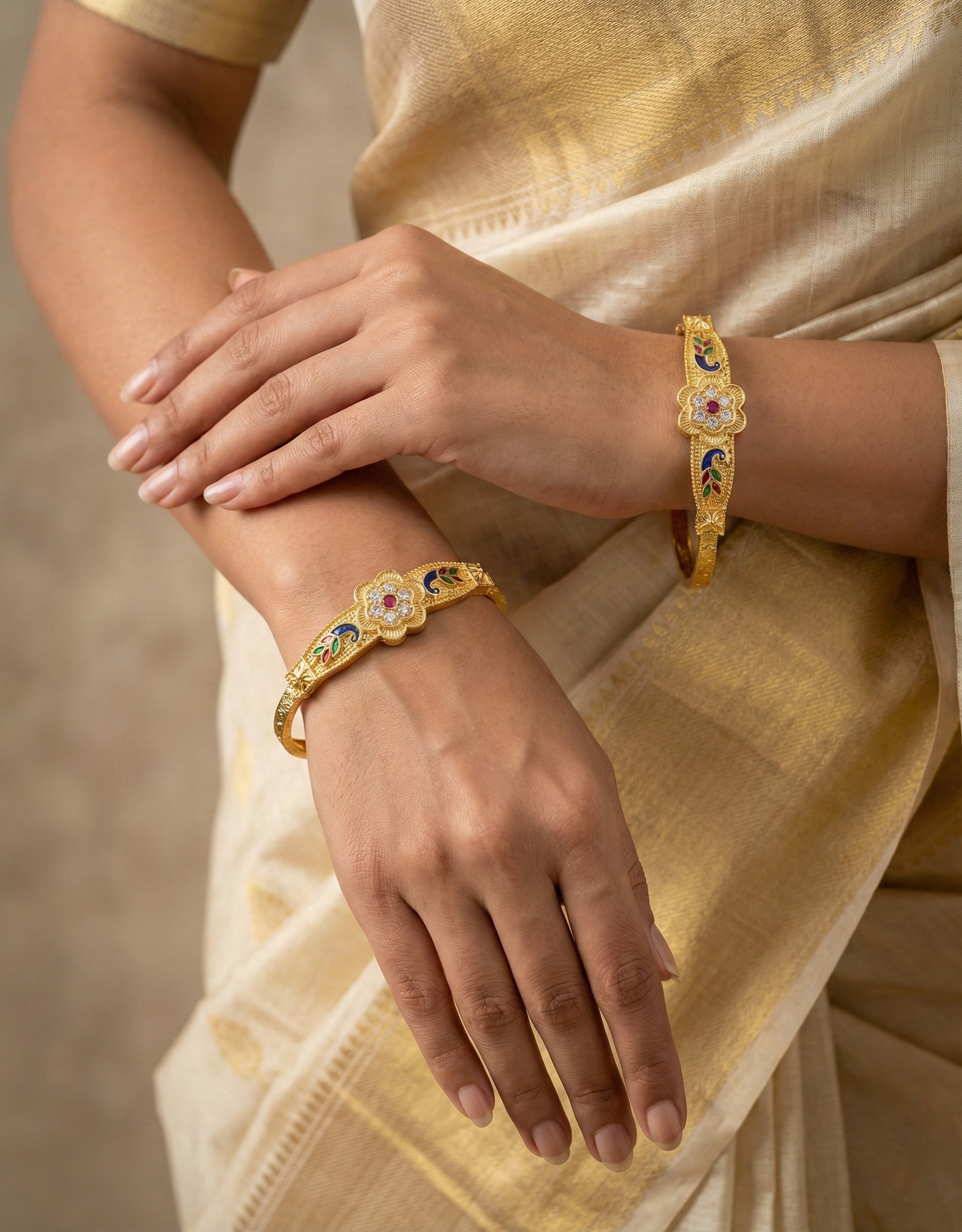 Royal Peacock Kada with Stone & Enamel Work