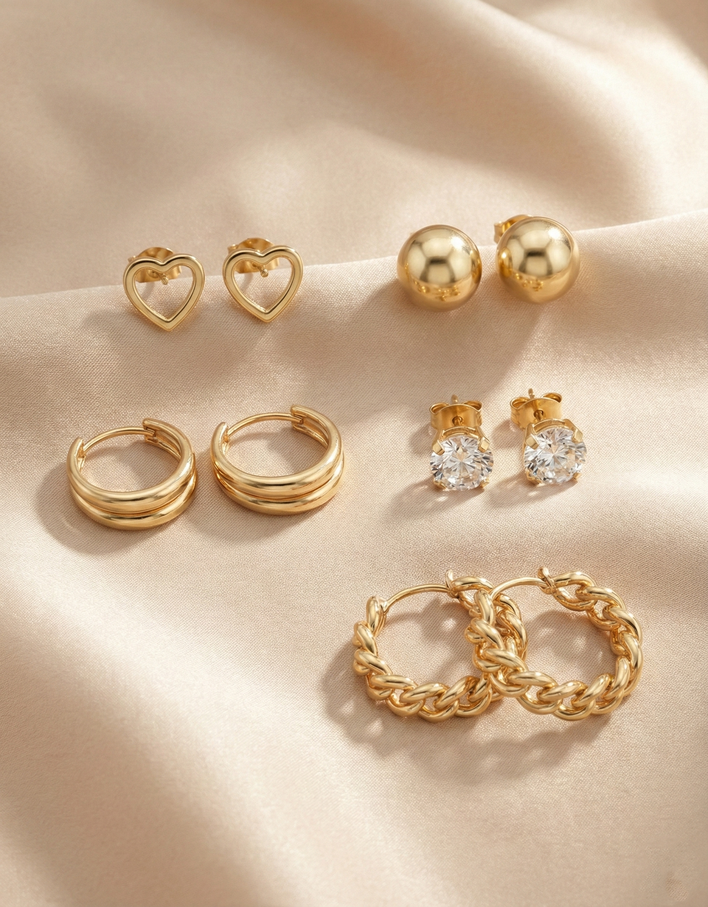 5-Piece Gold Earring Combo Set | Textured Hoops, Heart & Crystal Studs, Ball