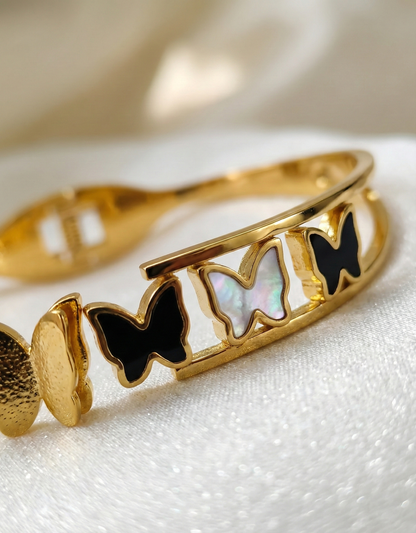 Triple Butterfly Enamel Gold Bangle Bracelet