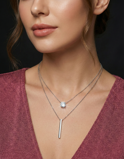 Double-Layer – Crystal Solitaire & Vertical Bar Necklace