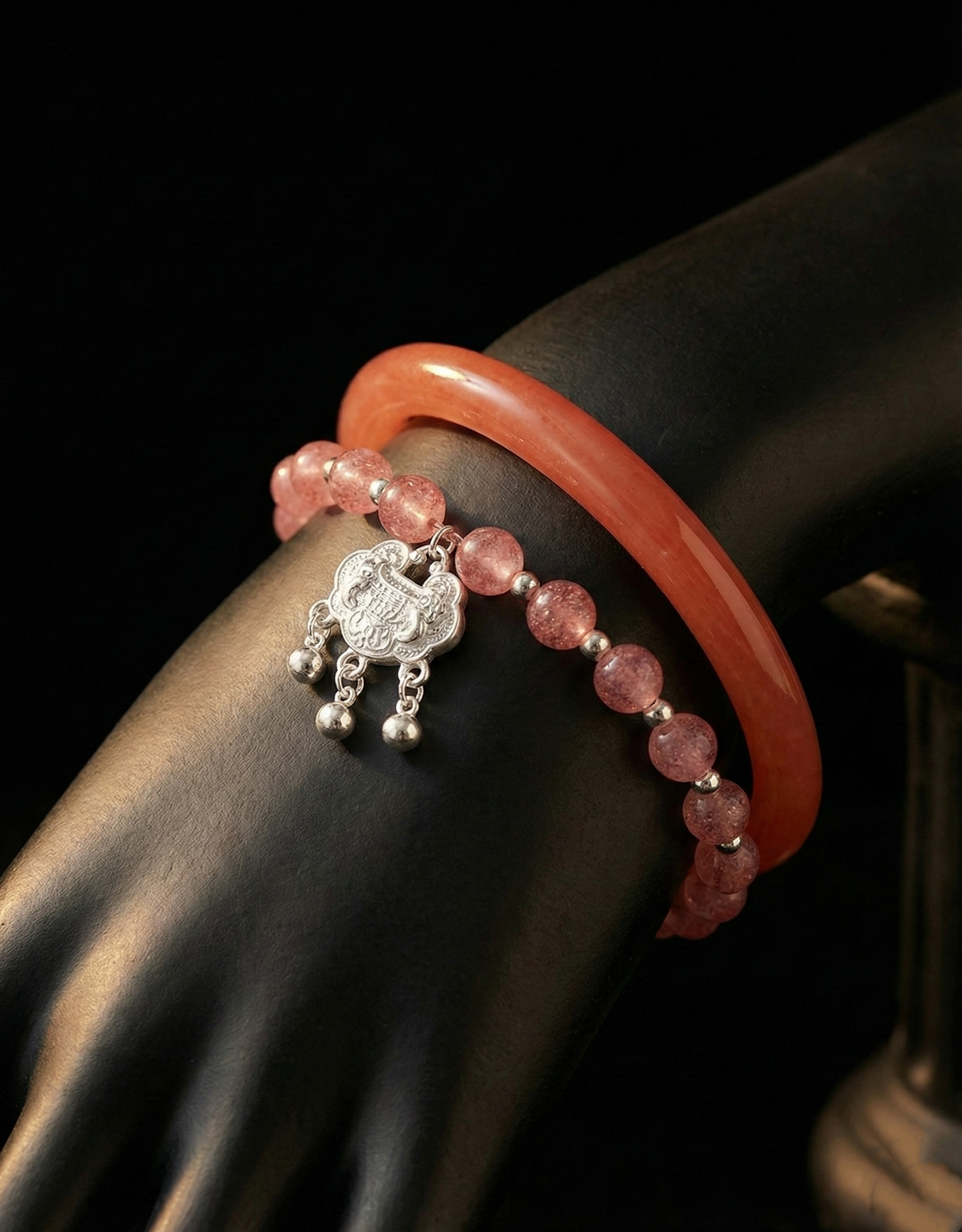 The Fortune Stack: Strawberry Quartz Bangle & Lock Bracelet