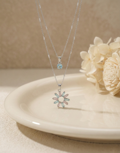 Mint & Pink Starburst Double-Layered Silver Necklace