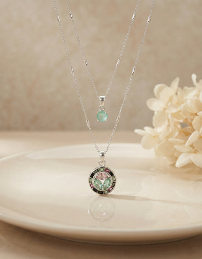 Mint Green Crystal & Mosaic Round Pendant