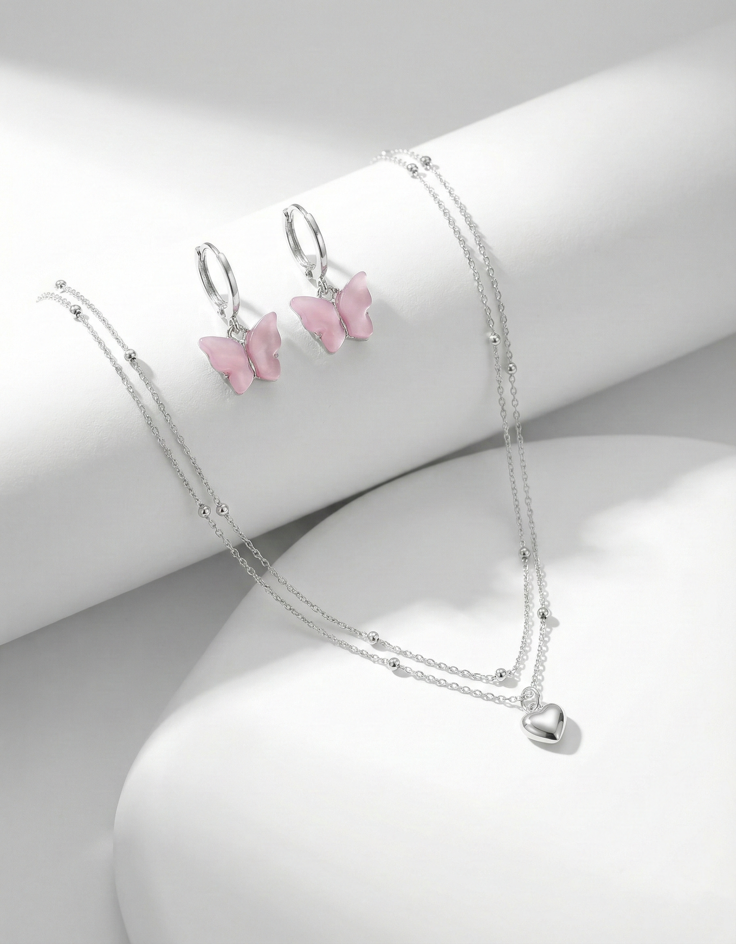 Heart Pendant Necklace &amp; Pink Butterfly Hoop Earrings Set
