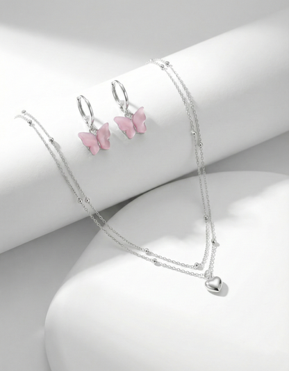Heart Pendant Necklace &amp; Pink Butterfly Hoop Earrings Set