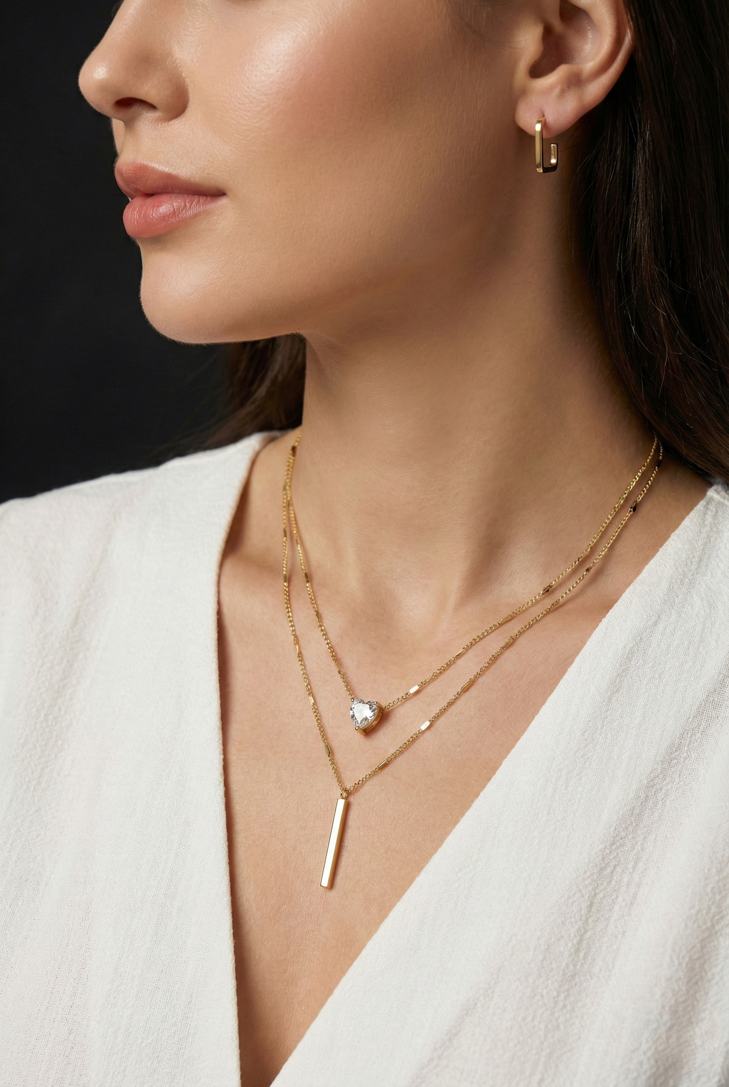 Crystal Solitaire & Vertical Bar Pendant with Square Huggies