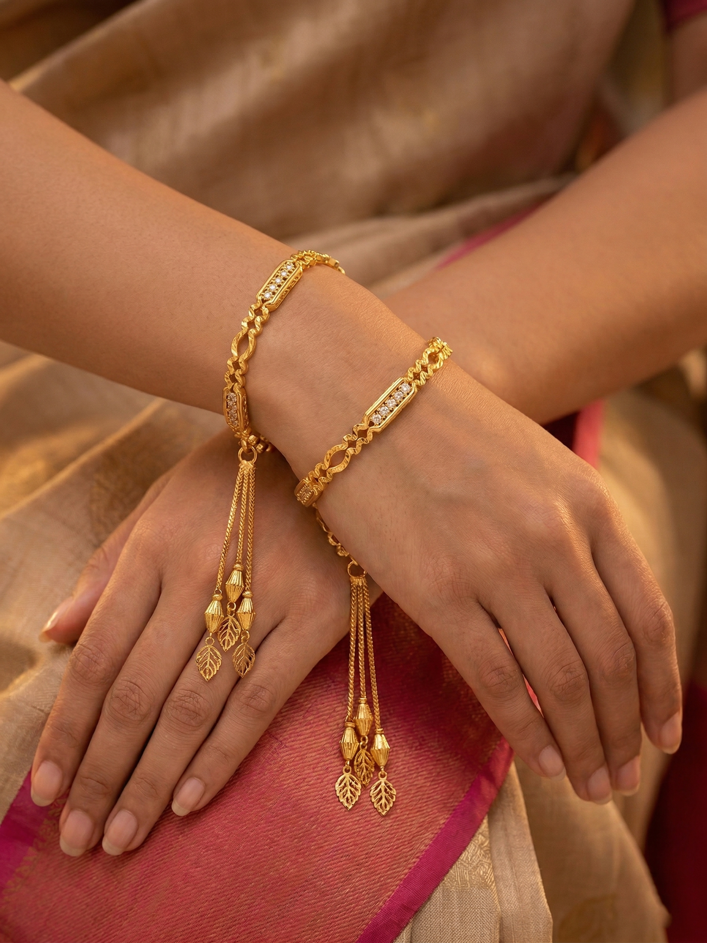 Artisanal Cascading Leaf & Diamond Tassel Bangles
