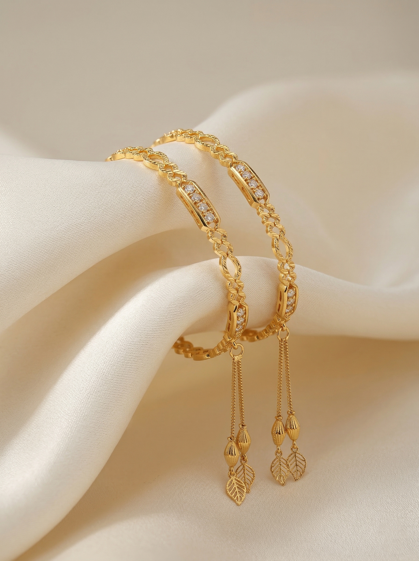 Artisanal Cascading Leaf & Diamond Tassel Bangles