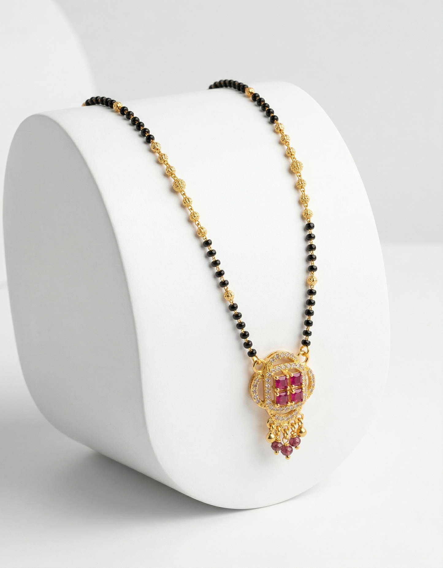 Black Bead Mangalsutra with Ruby &amp; ClusterPendant
