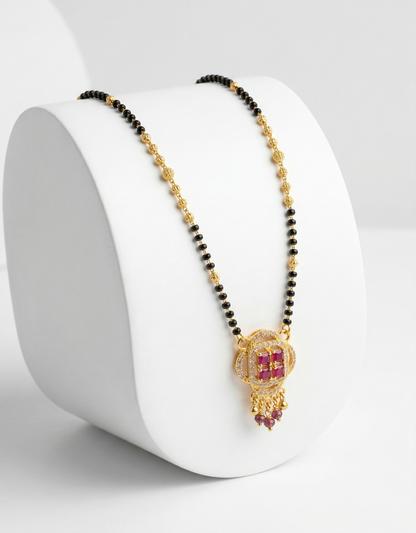 Black Bead Mangalsutra with Ruby &amp; ClusterPendant