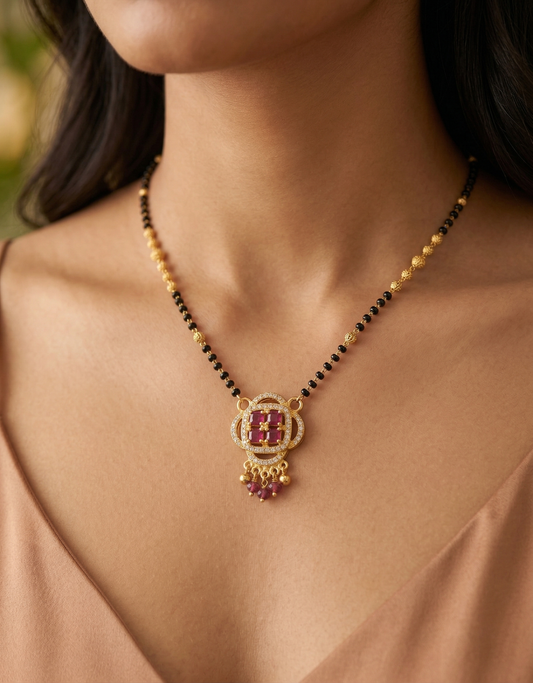 Black Bead Mangalsutra with Ruby &amp; ClusterPendant