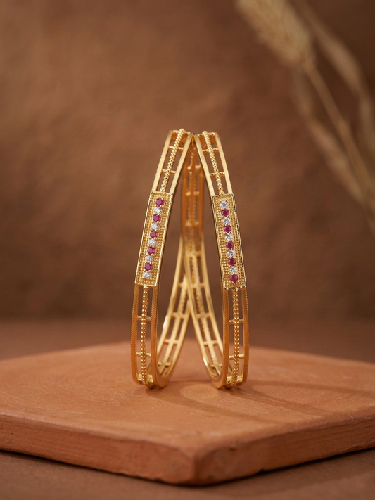 Geometric Bangles with Red & White Stones