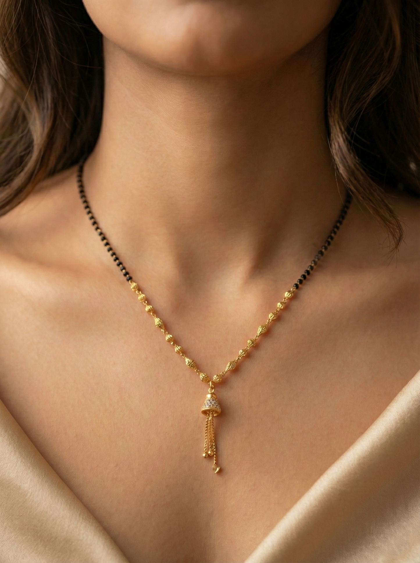 Black Bead Mangalsutra with Hanging Jhumki Pendant