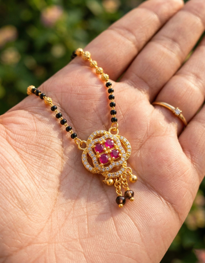Black Bead Mangalsutra with Ruby &amp; ClusterPendant