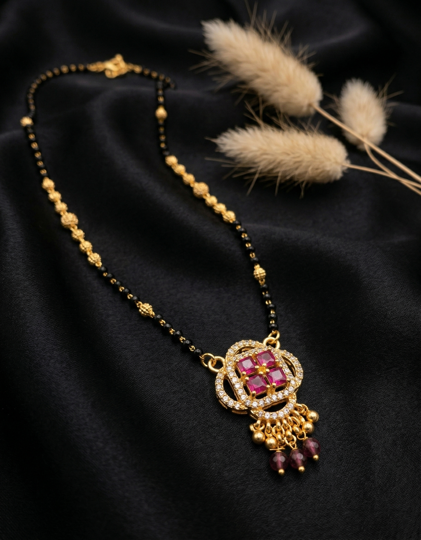 Black Bead Mangalsutra with Ruby &amp; ClusterPendant