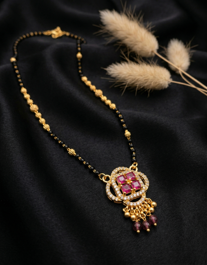 Black Bead Mangalsutra with Ruby &amp; ClusterPendant