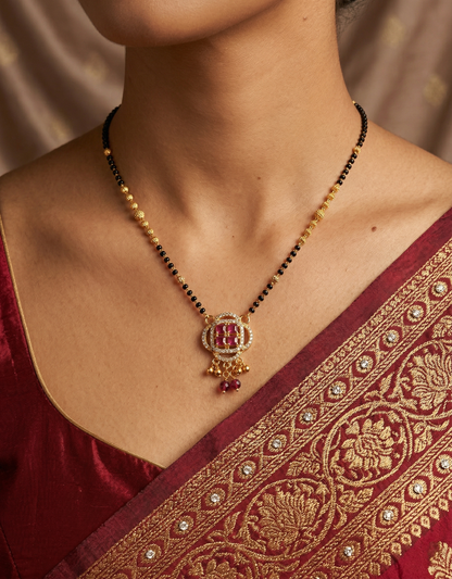 Black Bead Mangalsutra with Ruby &amp; ClusterPendant